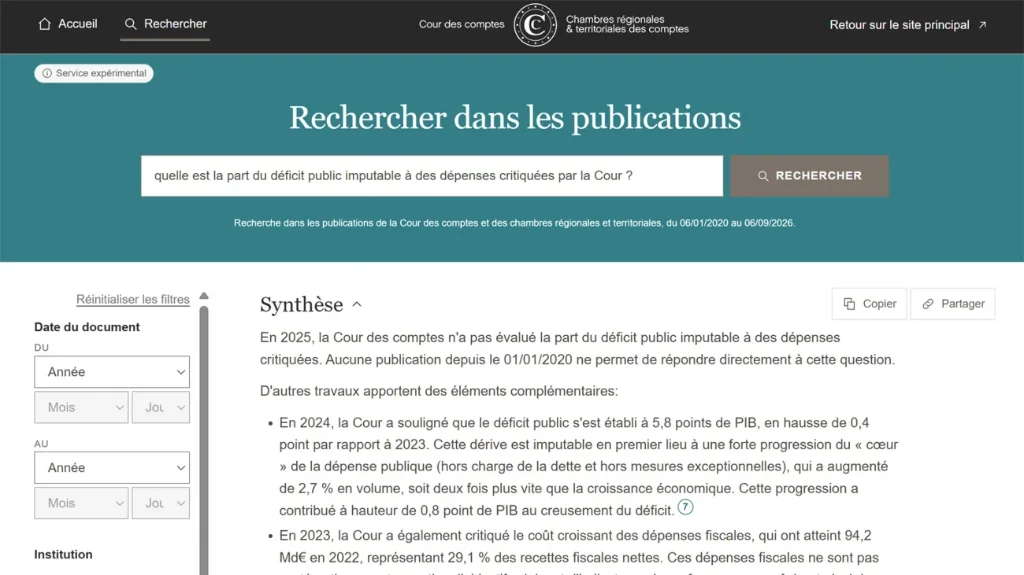  Qu’en dit la Cour ? » est une IAG permettant d’accéder à tous les contenus des rapports des juridictions financières. 